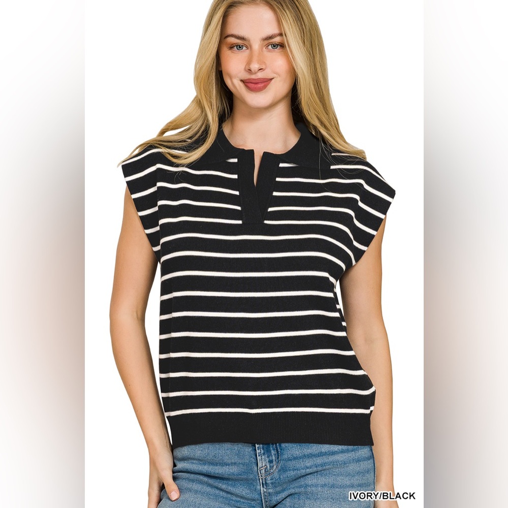 Zenana Viscose Striped Collared Sweater Vest